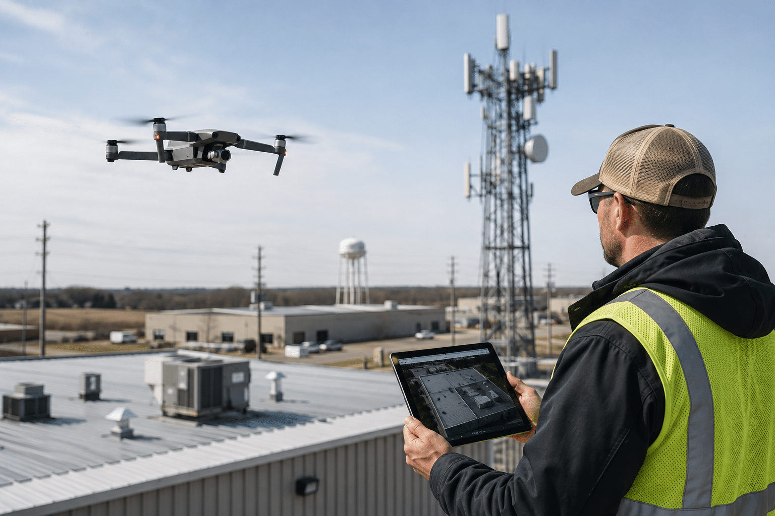 Commercial drone inspection program capturing recurring aerial asset data for maintenance planning.